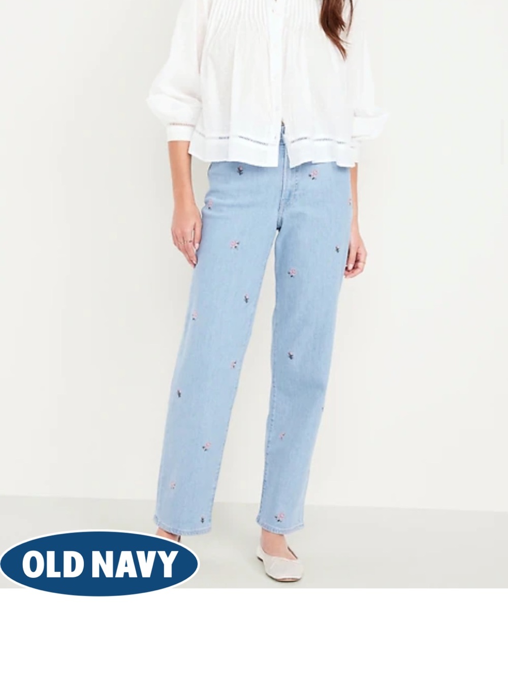 Old Navy Light Blue Straight-Leg Jeans with Embroidered Flowers